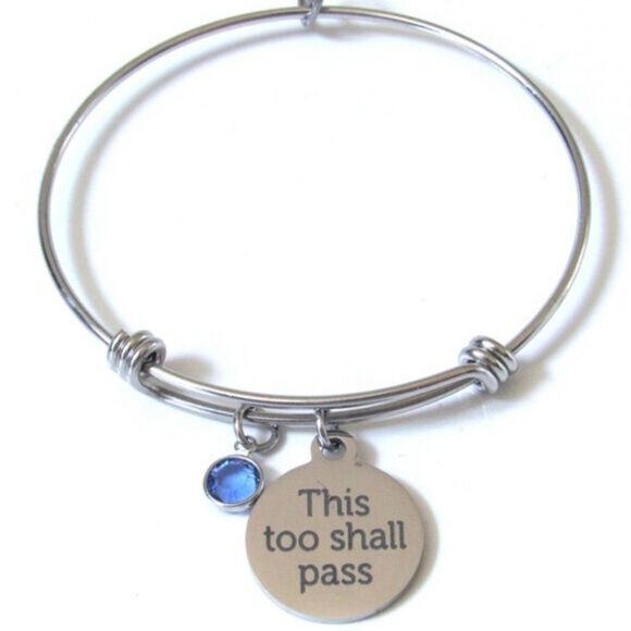 This Too Shall Pass Silver Bangle Bracelet with Accent Blue Zircon Charm - Picture 1 of 9